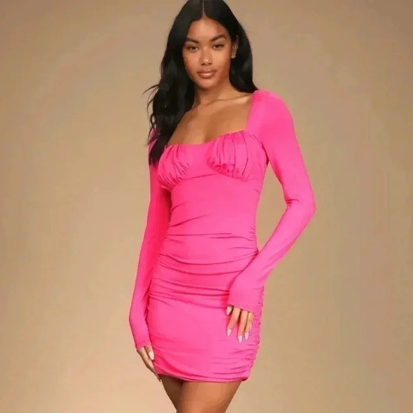 Lulu's Feel the Attraction Hot Pink Ruched Long Sleeve Bodycon Dress Size XS nwt - Picture 1 of 7